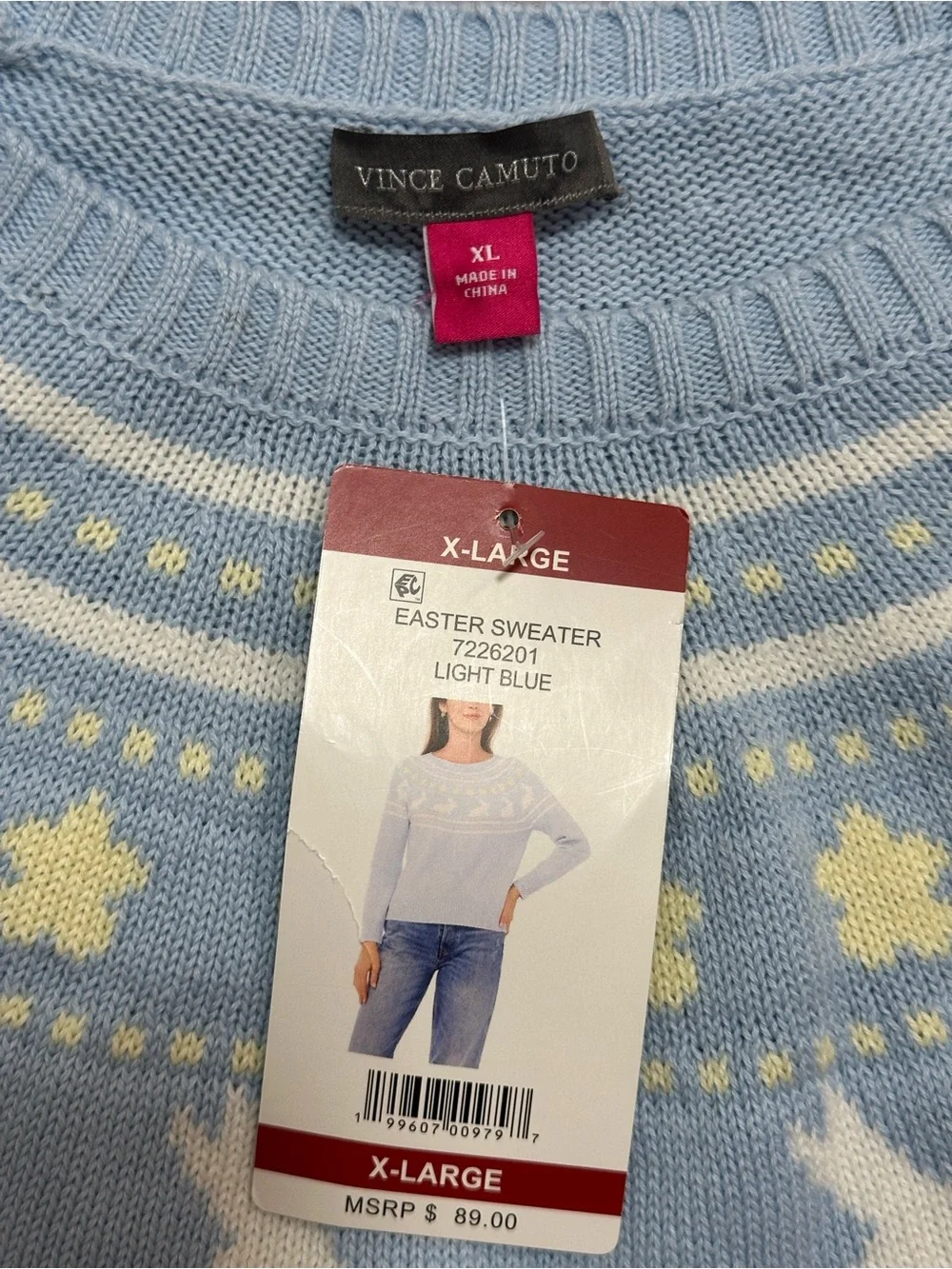 Vince Camuto Light Blue Fair Isle Crewneck Sweater with White Llama Motifs